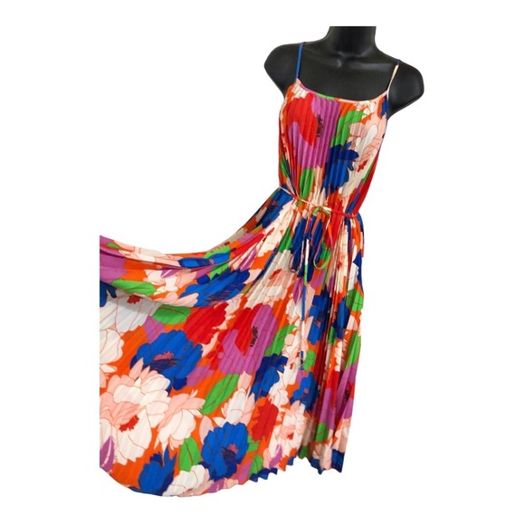 Sam Edelman jpy orange retro floral plisse Pleated belted MIDI Dress size XL new - Picture 1 of 17